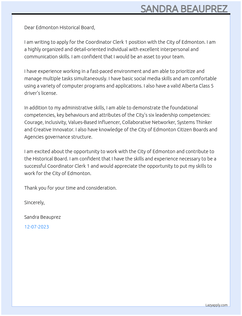 Coordinator Clerk 1 At City of Edmonton Cover Letter