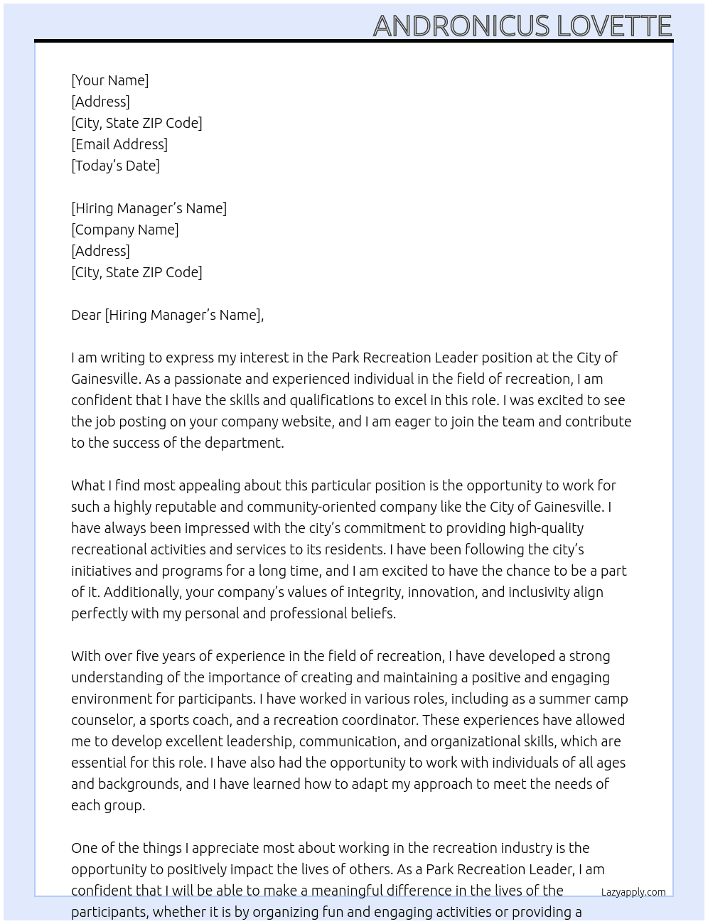 Park Recreation Leader At city of gainesville Cover Letter