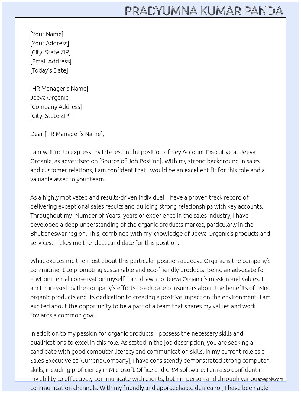 Key account executive  At Jeeva organic  Cover Letter