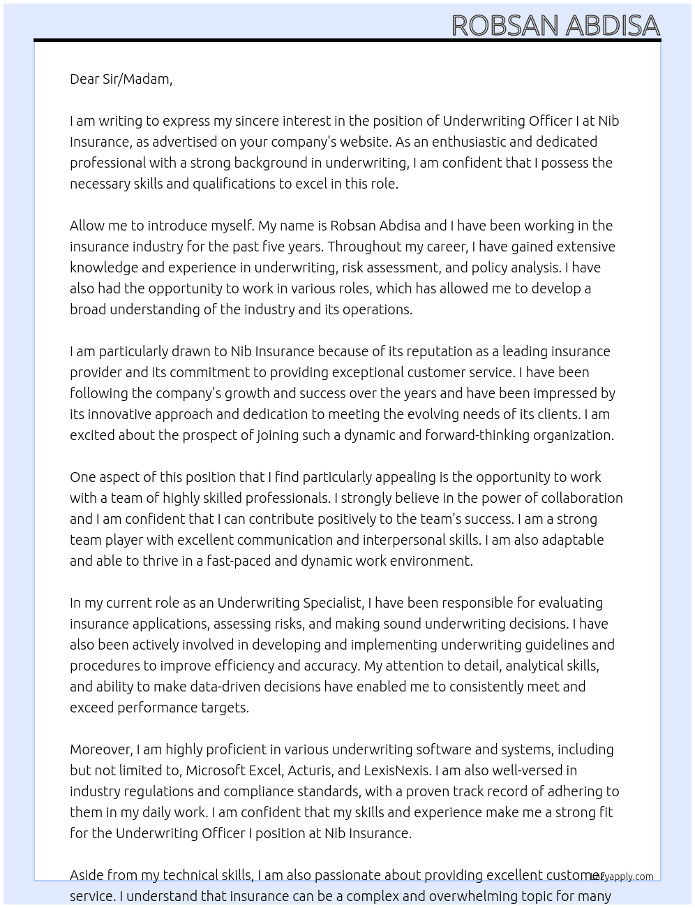 Underwriting Officer I At Nib Insurance  Cover Letter