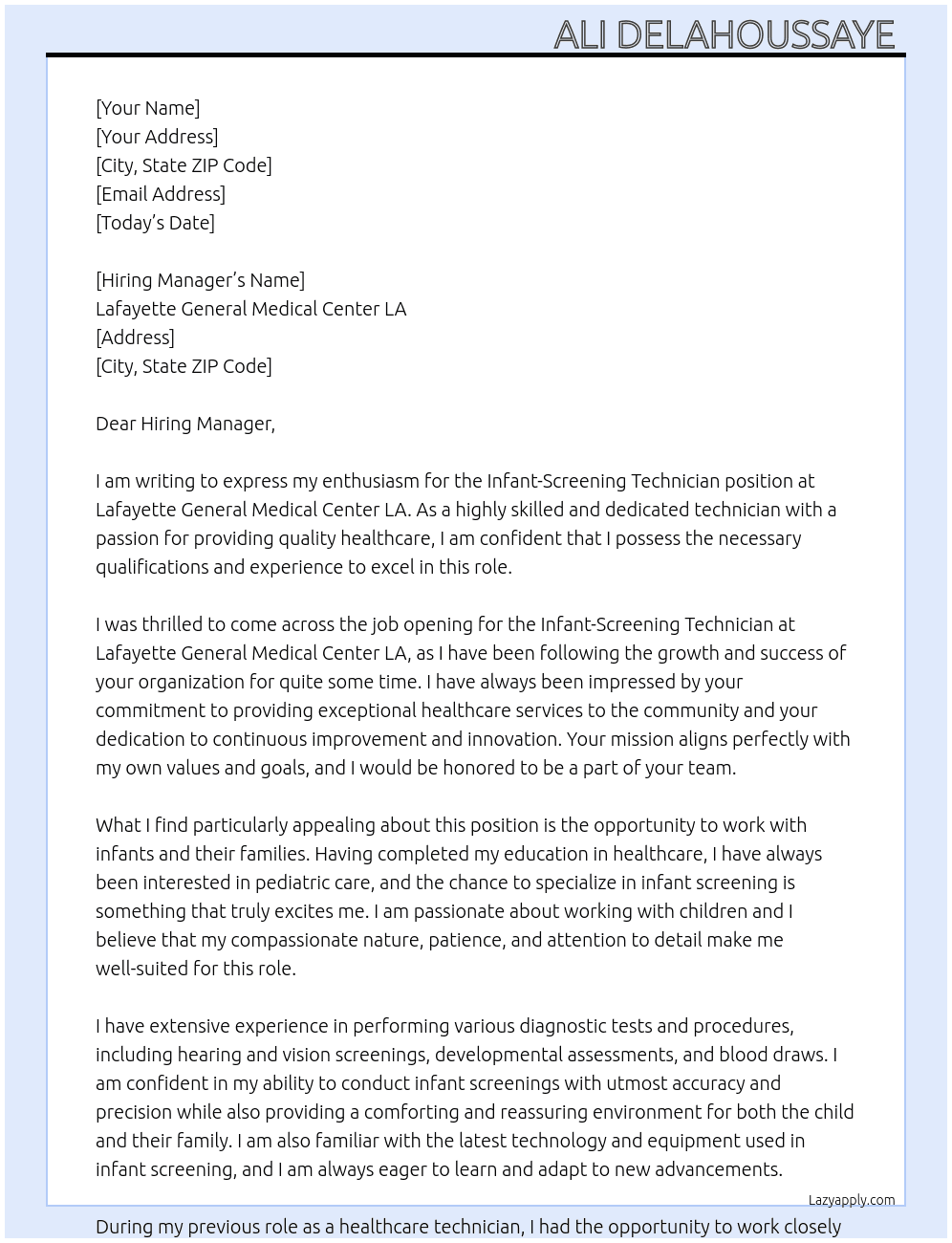 Infant-Screening Technician At Lafayette General Medical Center LA Cover Letter