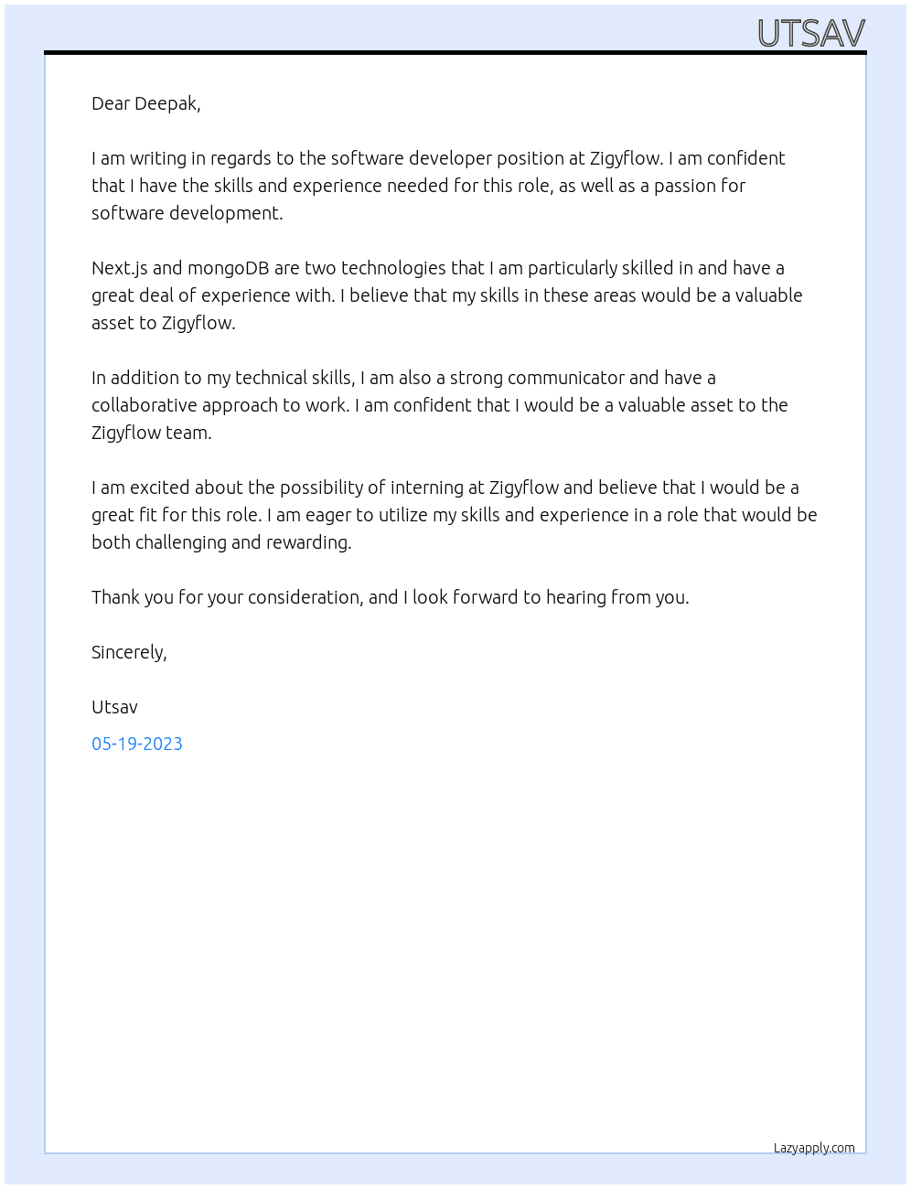 software developer At Zigyflow Cover Letter