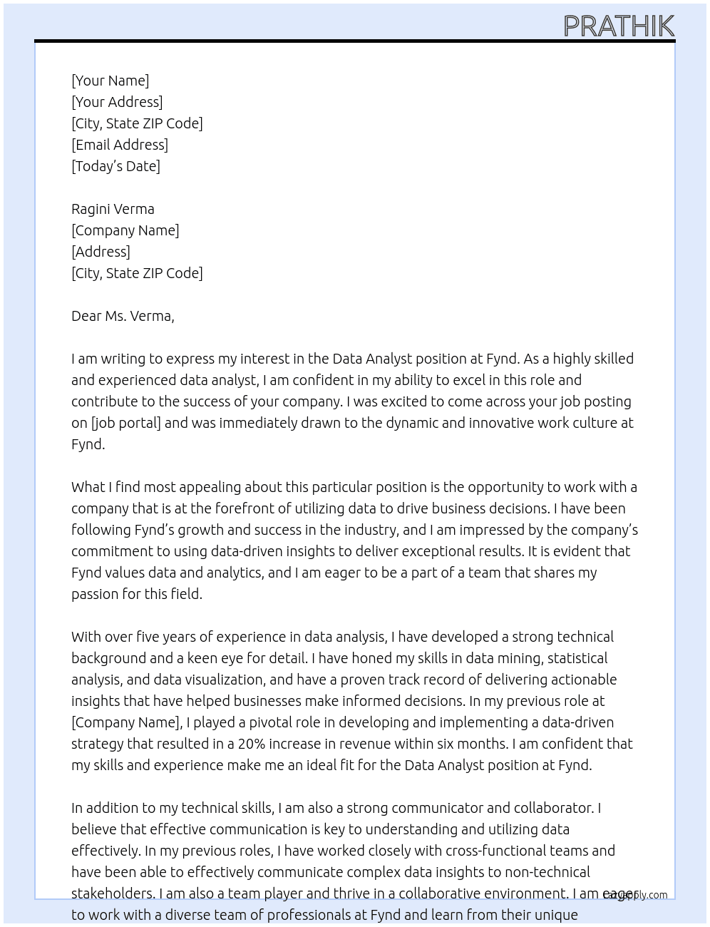 Data Analyst At Fynd Cover Letter