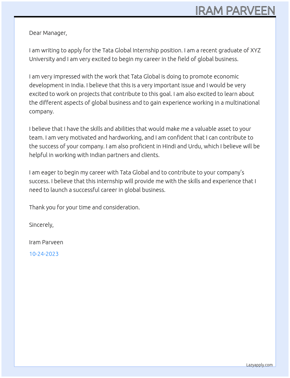 Tata Global Internship At Tata Global India Cover Letter