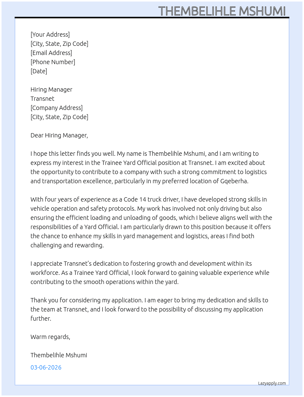 Trainee  yard official  At Transnet  Cover Letter