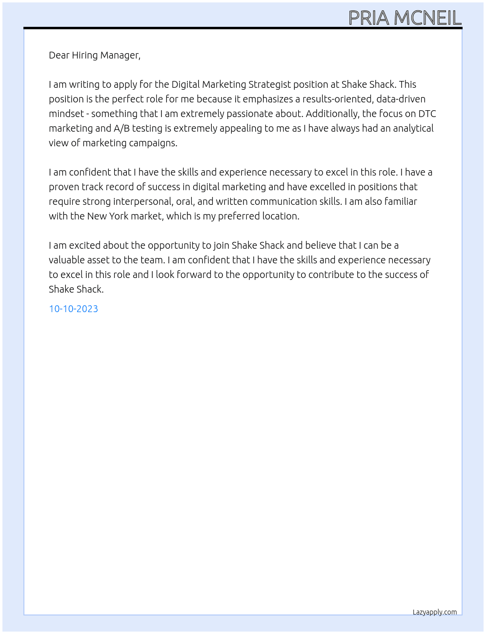 Digital Marketing Strategist At Shake Shack Cover Letter