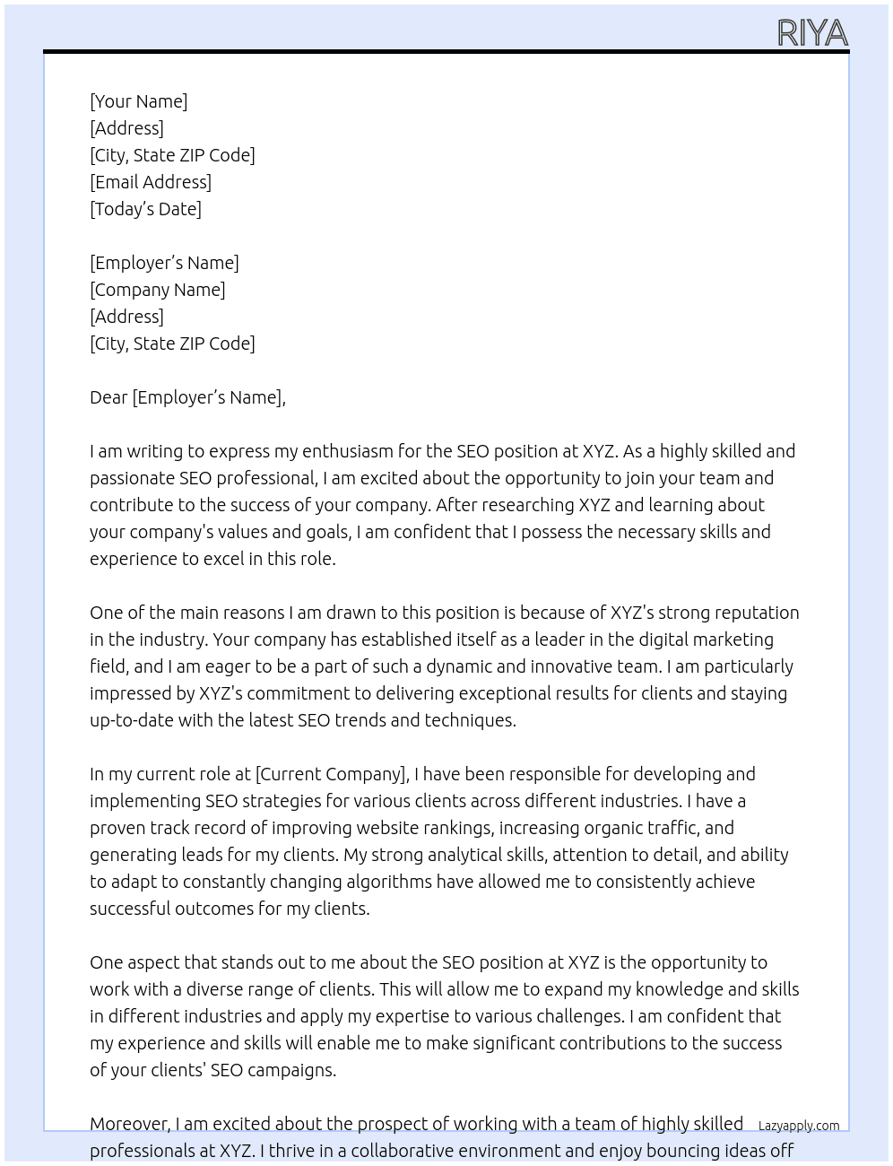 SEO At XYZ Cover Letter