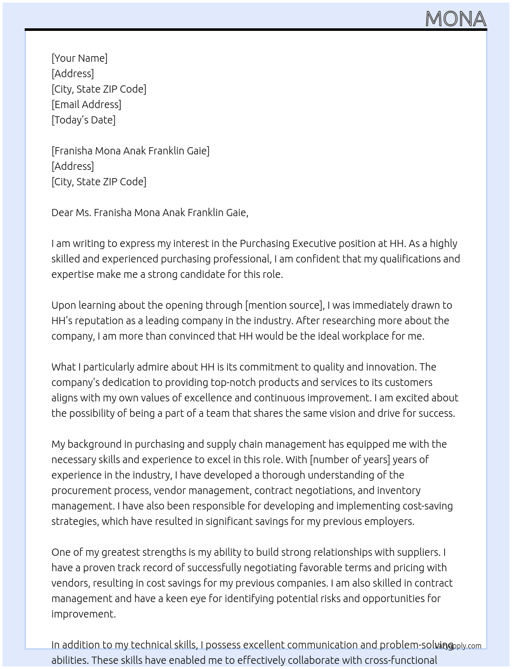 Purchasing Executive At hh Cover Letter