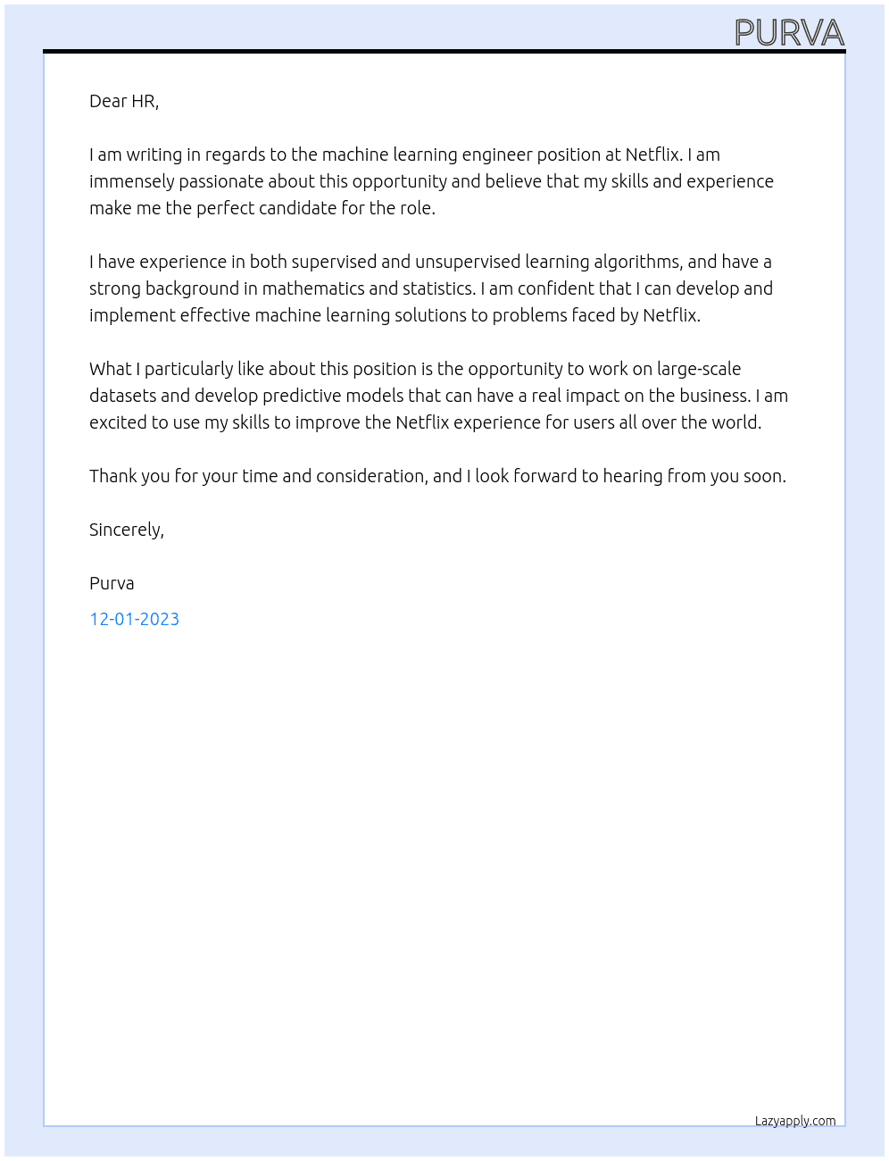 machine learning engineer At Netflix Cover Letter