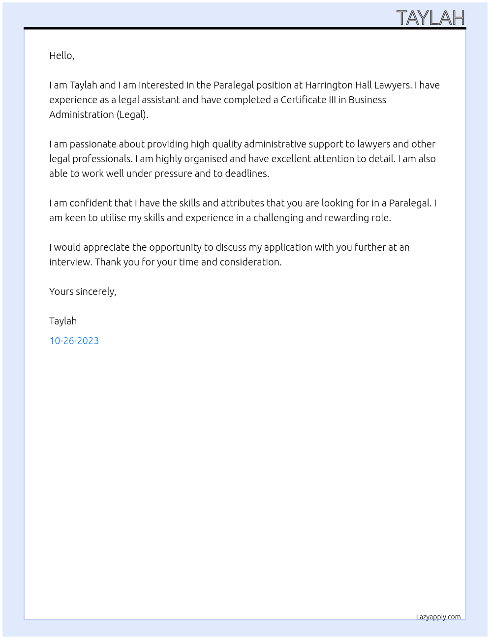 Paralegal At Harrington Hall Lawyers Cover Letter