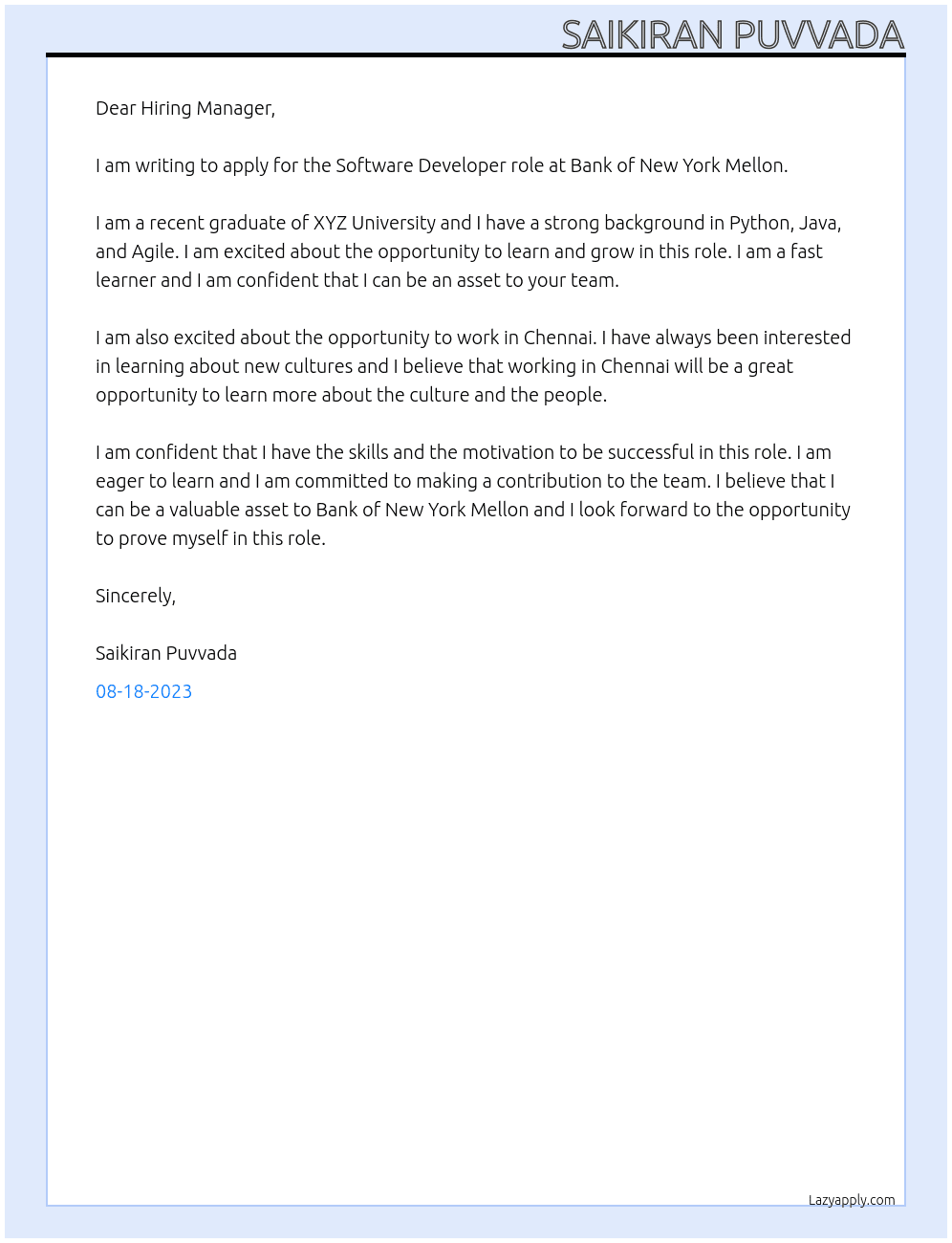 Software Developer role At Bank of New York Mellon Cover Letter
