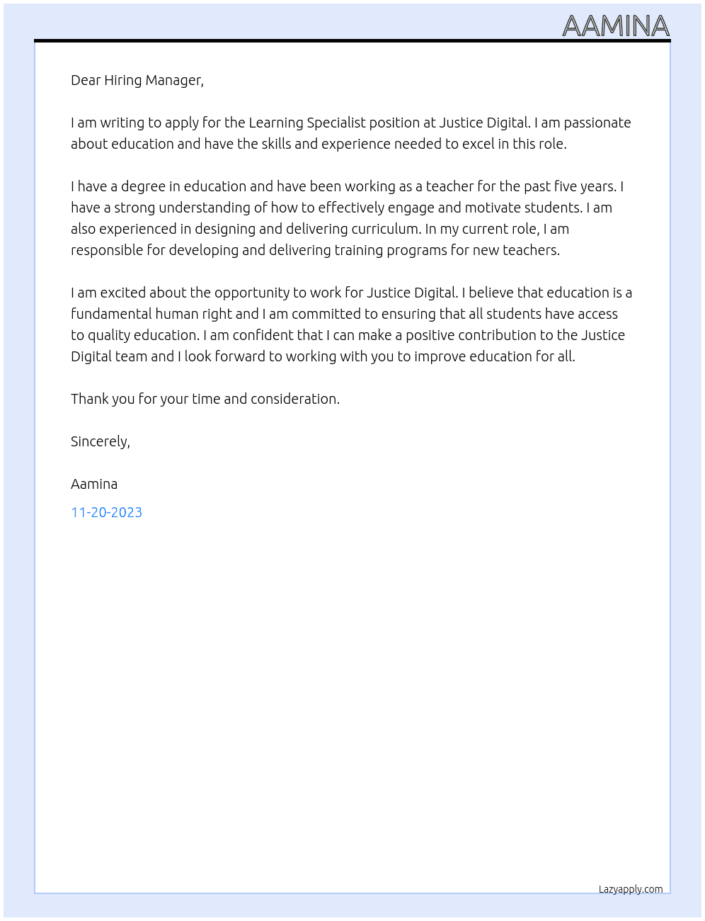 Learning Specialist At Justice Digital Cover Letter