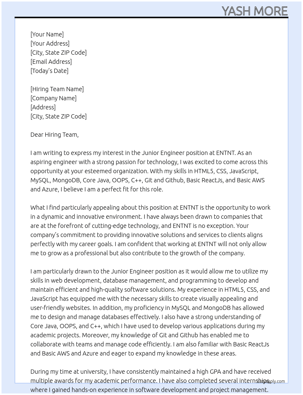 Junior Engineer  At ENTNT Cover Letter