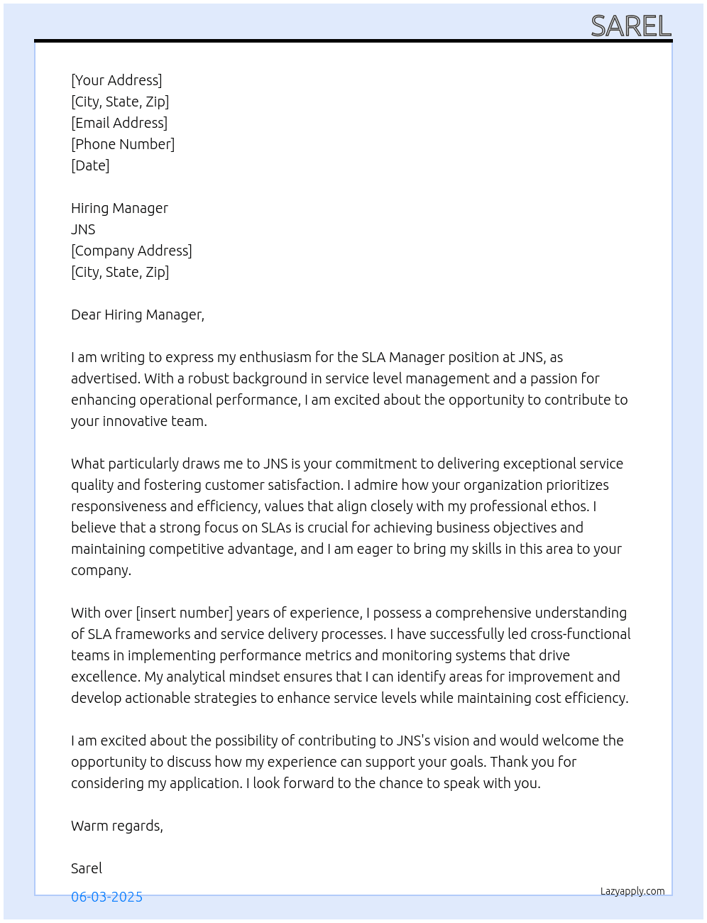SLA Manager At  JNS Cover Letter