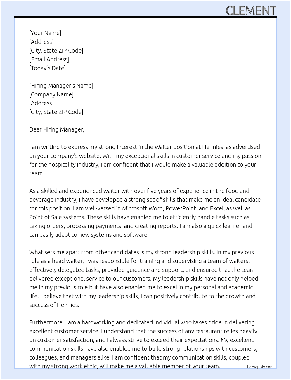 Waiter At Hennies Cover Letter