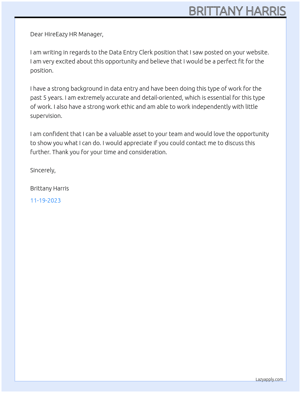 Data Entry Clerk At HireEazy Cover Letter