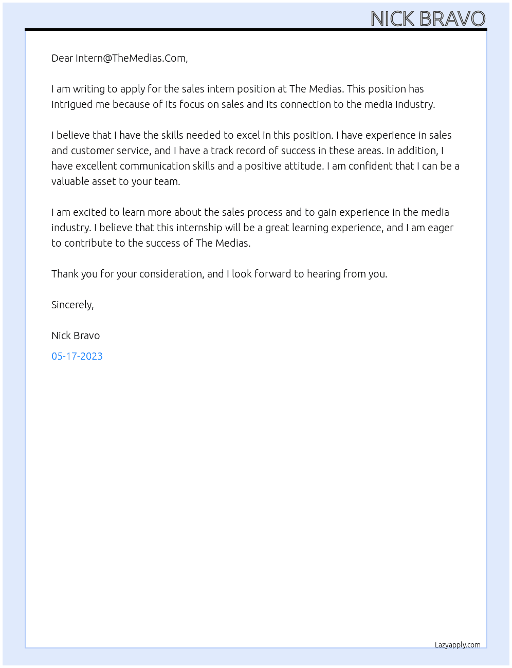 sales intern  At the medias Cover Letter