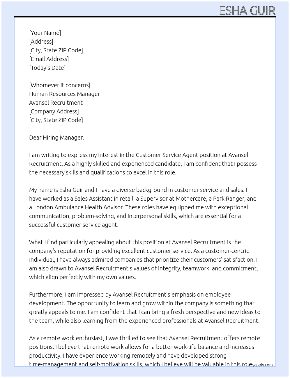 Customer Service Agent  At Avansel recruitment  Cover Letter