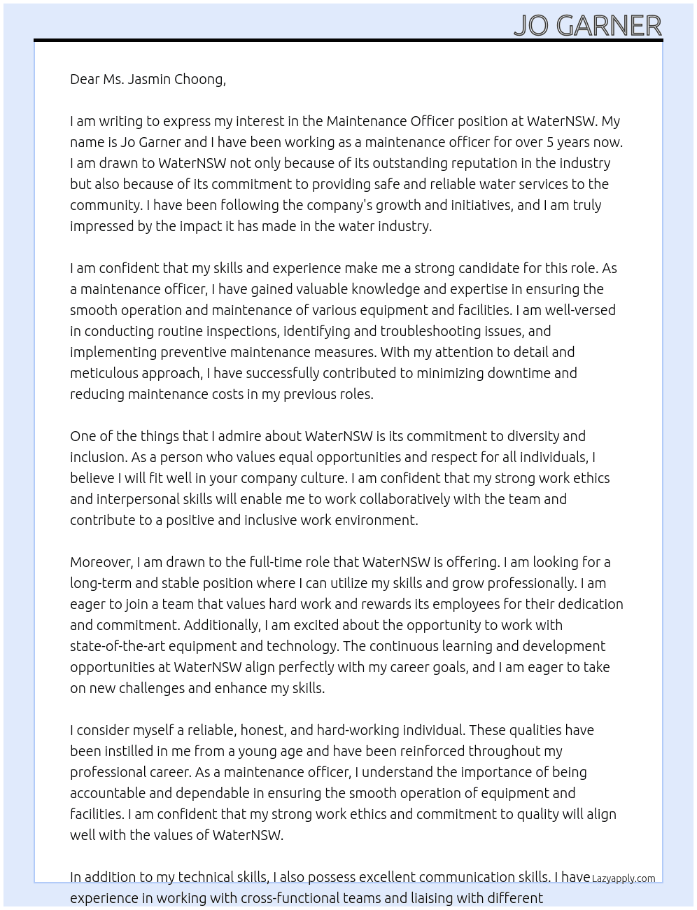 Maintenance Officer  At WaterNSW Cover Letter