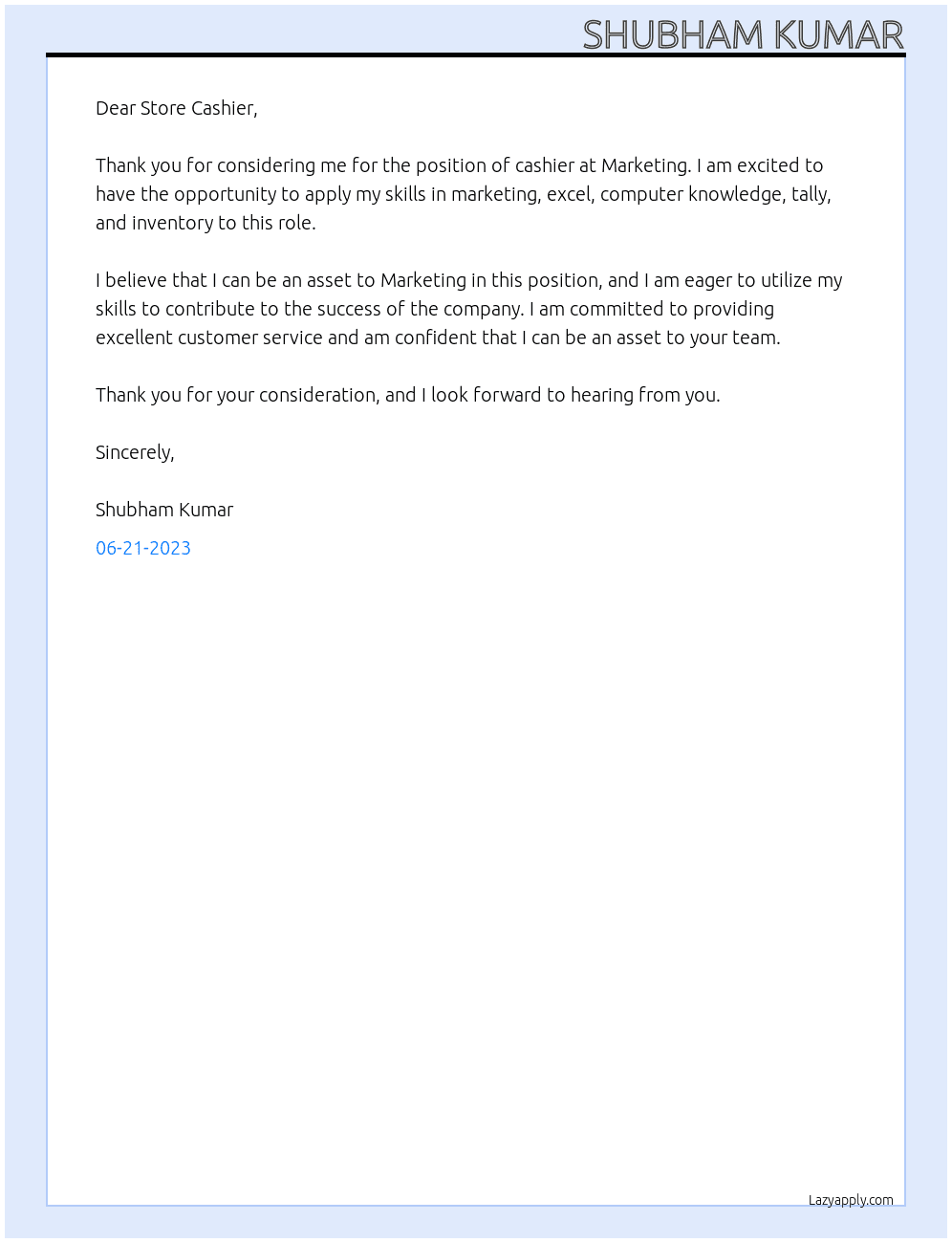 Cashier  At Marketing Cover Letter