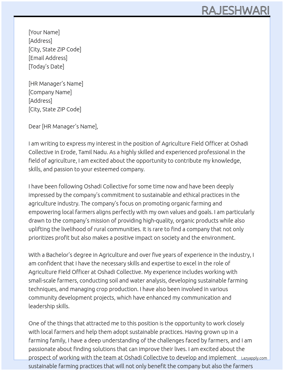 Agriculture field officer At Oshadi collective Erode Tamilnadu Cover Letter