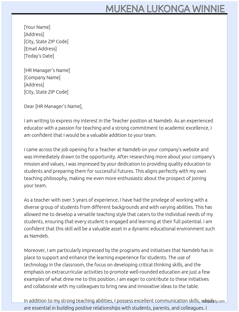 Teacher At Namdeb Cover Letter