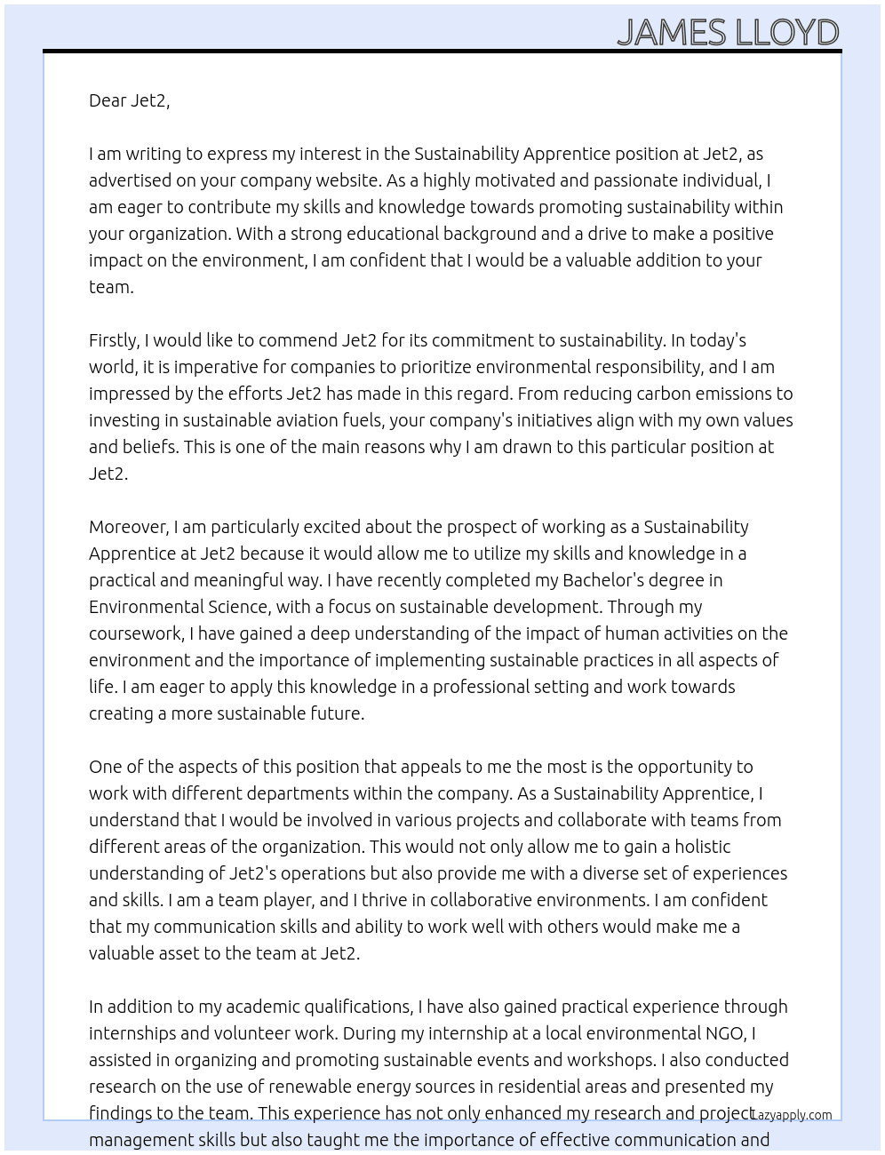 Sustainability Apprentice At Jet2 Cover Letter