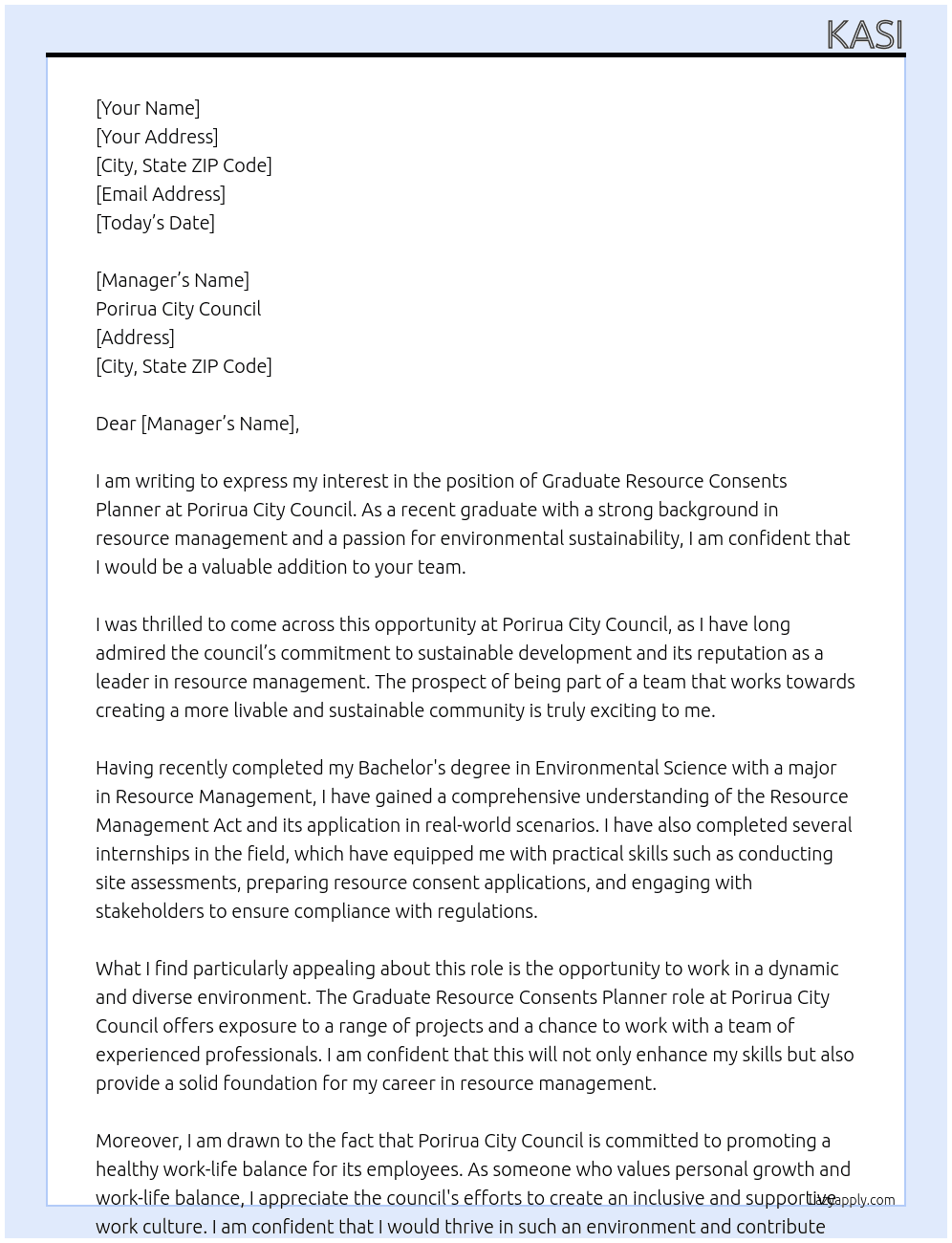 Graduate Resource Consents planner At Porirua Ciry Council Cover Letter