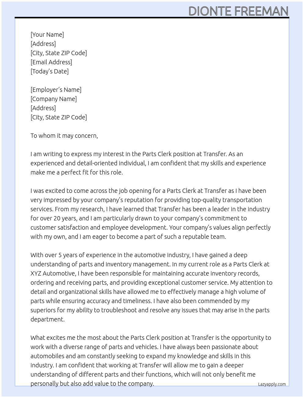 Parts clerk At Transfer  Cover Letter
