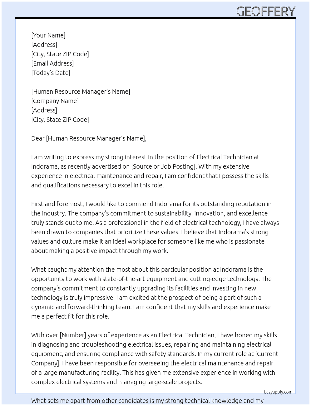 Electrical technician At Indorama Cover Letter