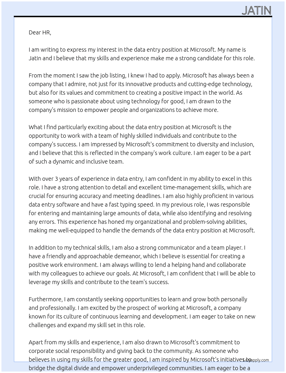 data entry At microsoftt Cover Letter