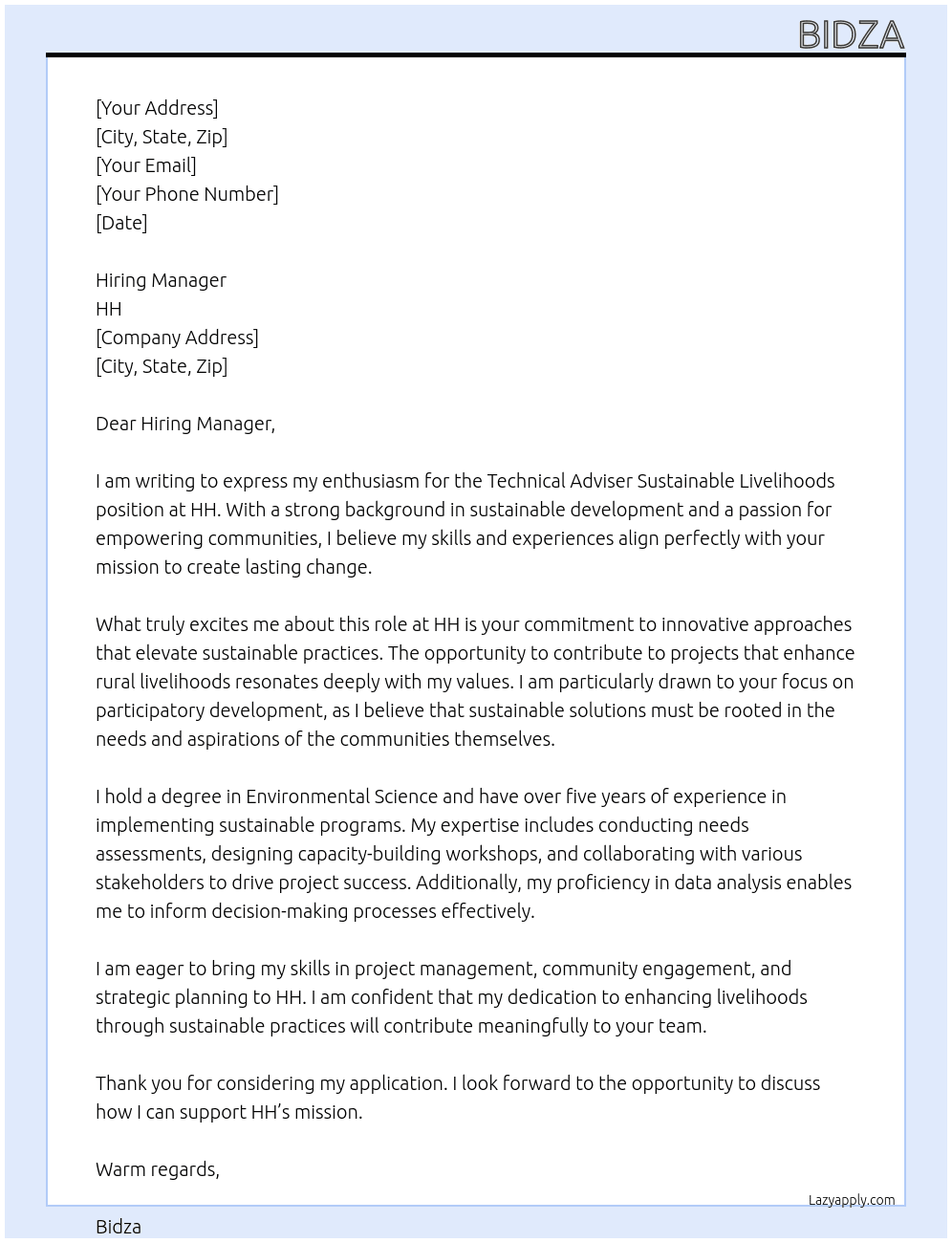 Technical Adviser Sustainable Livelihoods At hh Cover Letter