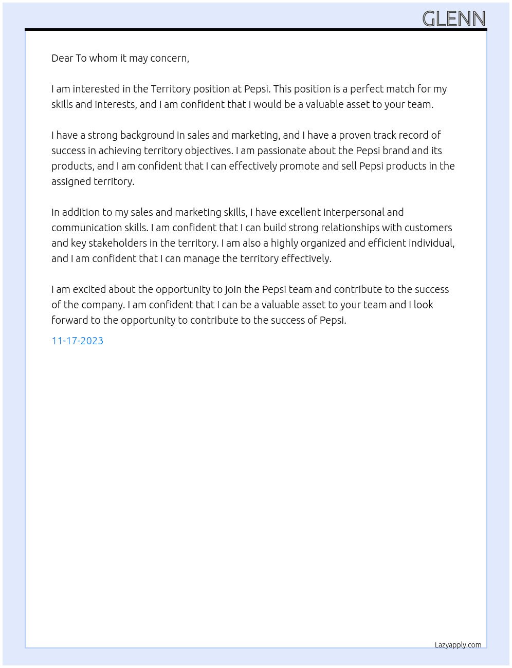 Territory  At Pepsi Cover Letter