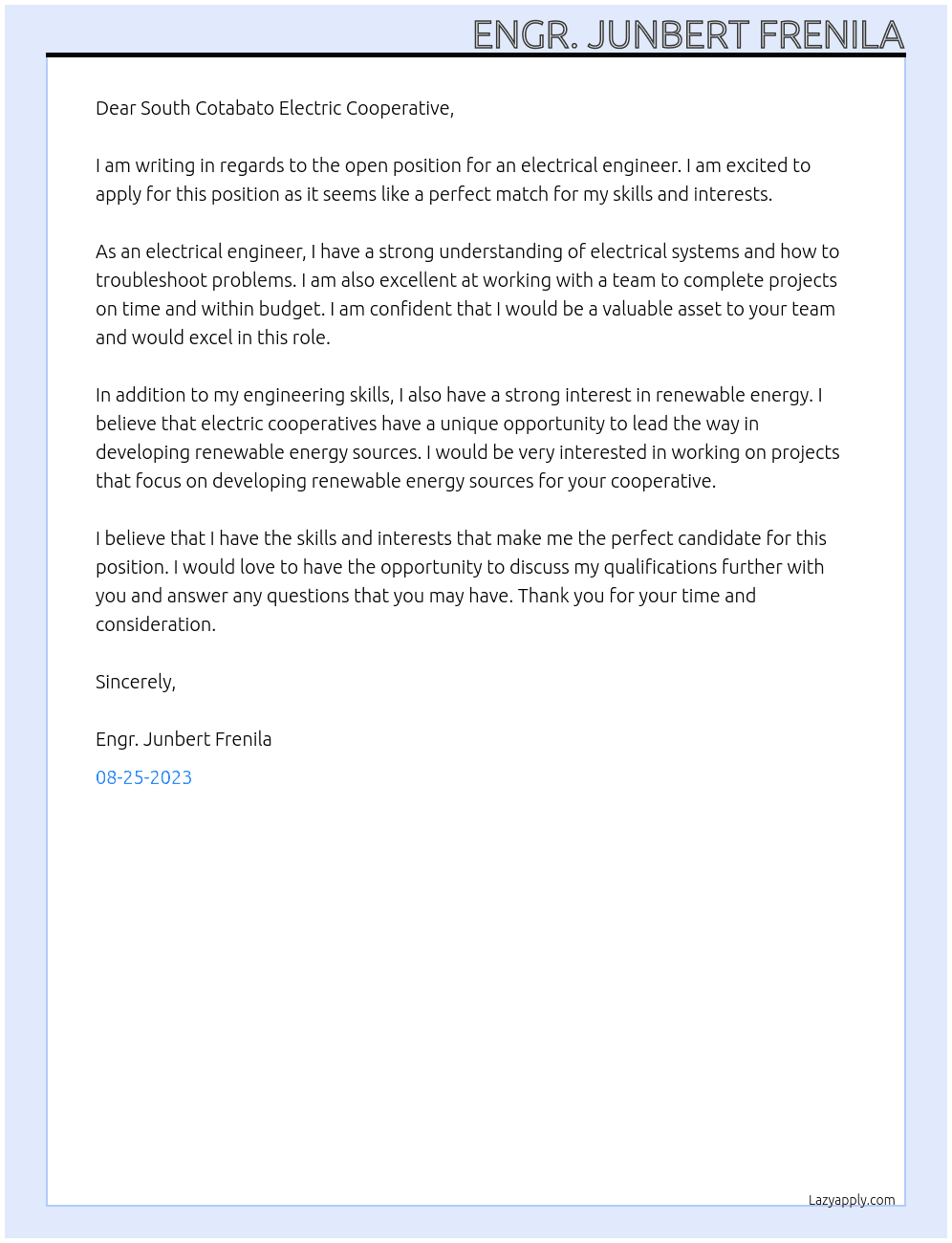 Electrical Engineer At Socoteco 1 Cover Letter