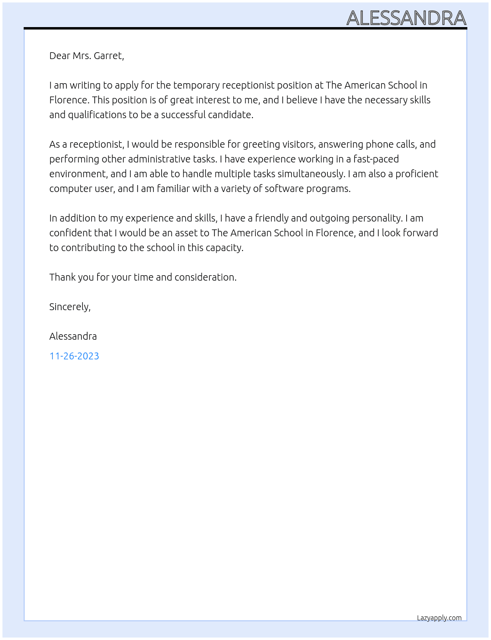 temporary receptionist At The American School in Florence Cover Letter