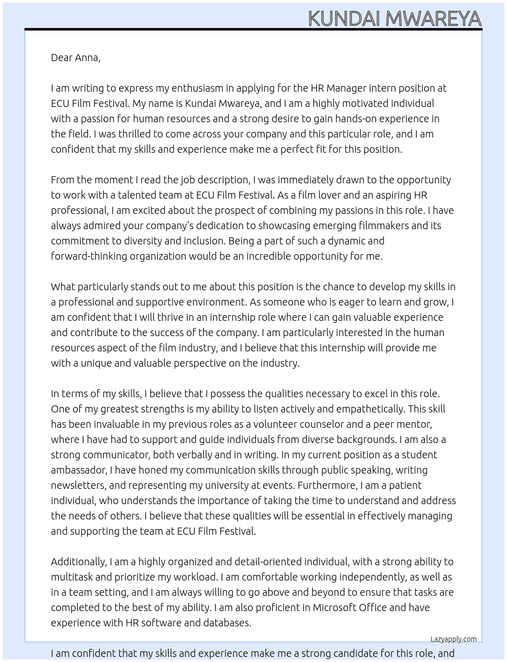HR Manager intern At ECU Film Festival Cover Letter