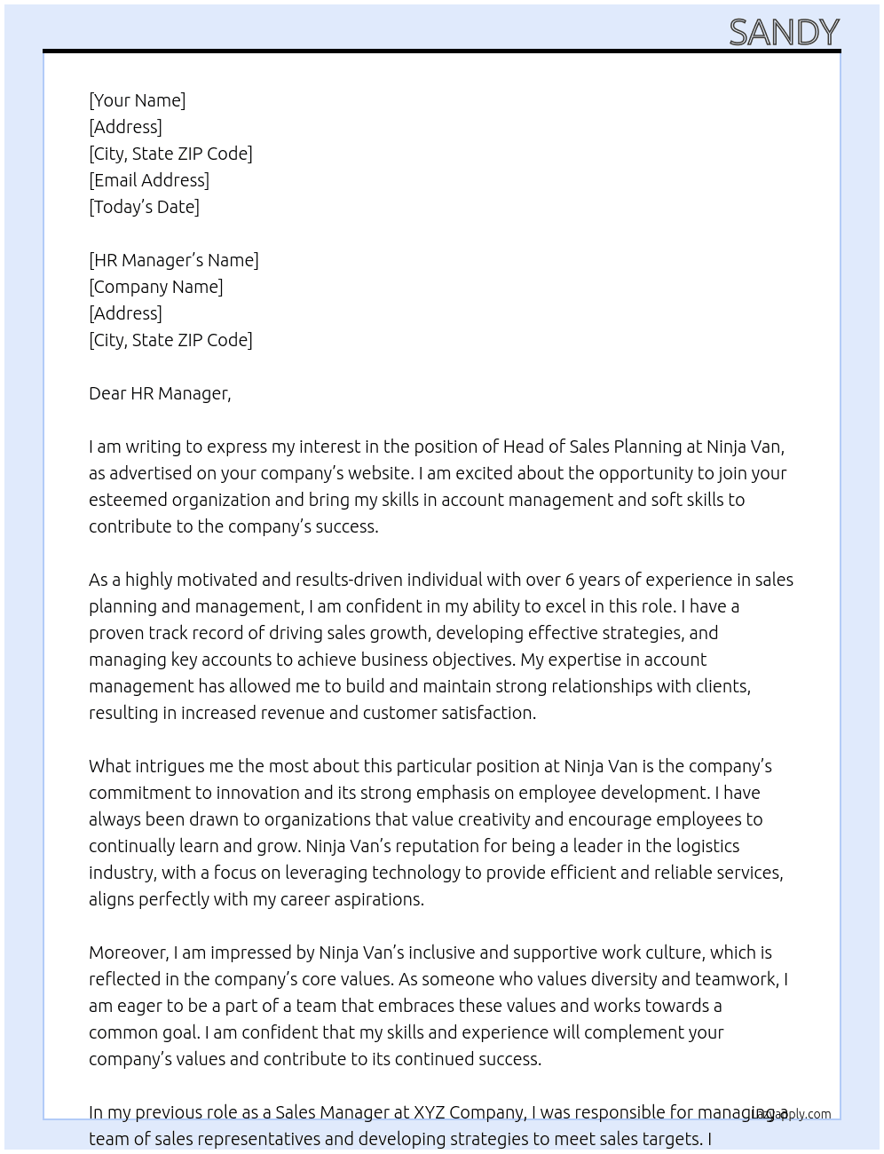 Head of Sales Planning At Ninja Van Cover Letter