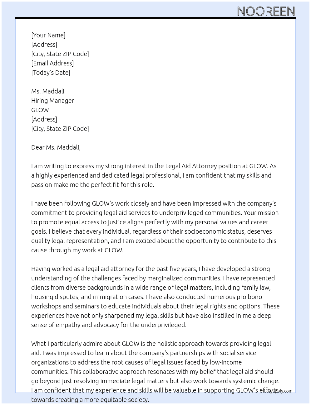 legal aid attorney At GLOW Cover Letter