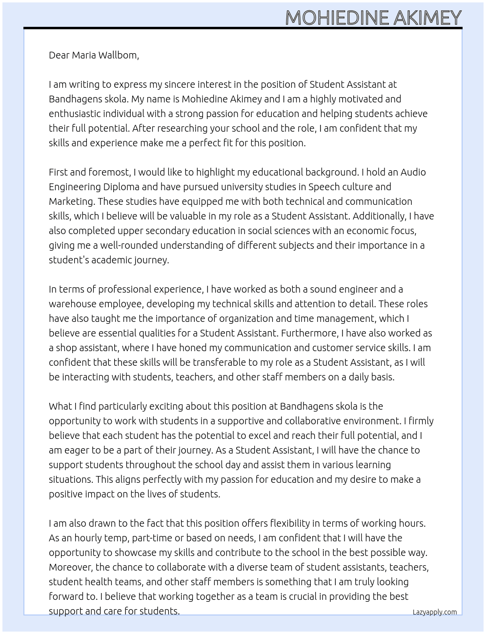 Student assistant At Bandhagens skola Cover Letter