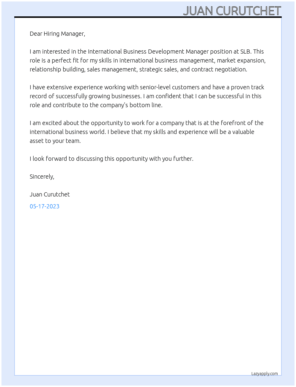 International Business Development Manager At SLB Cover Letter