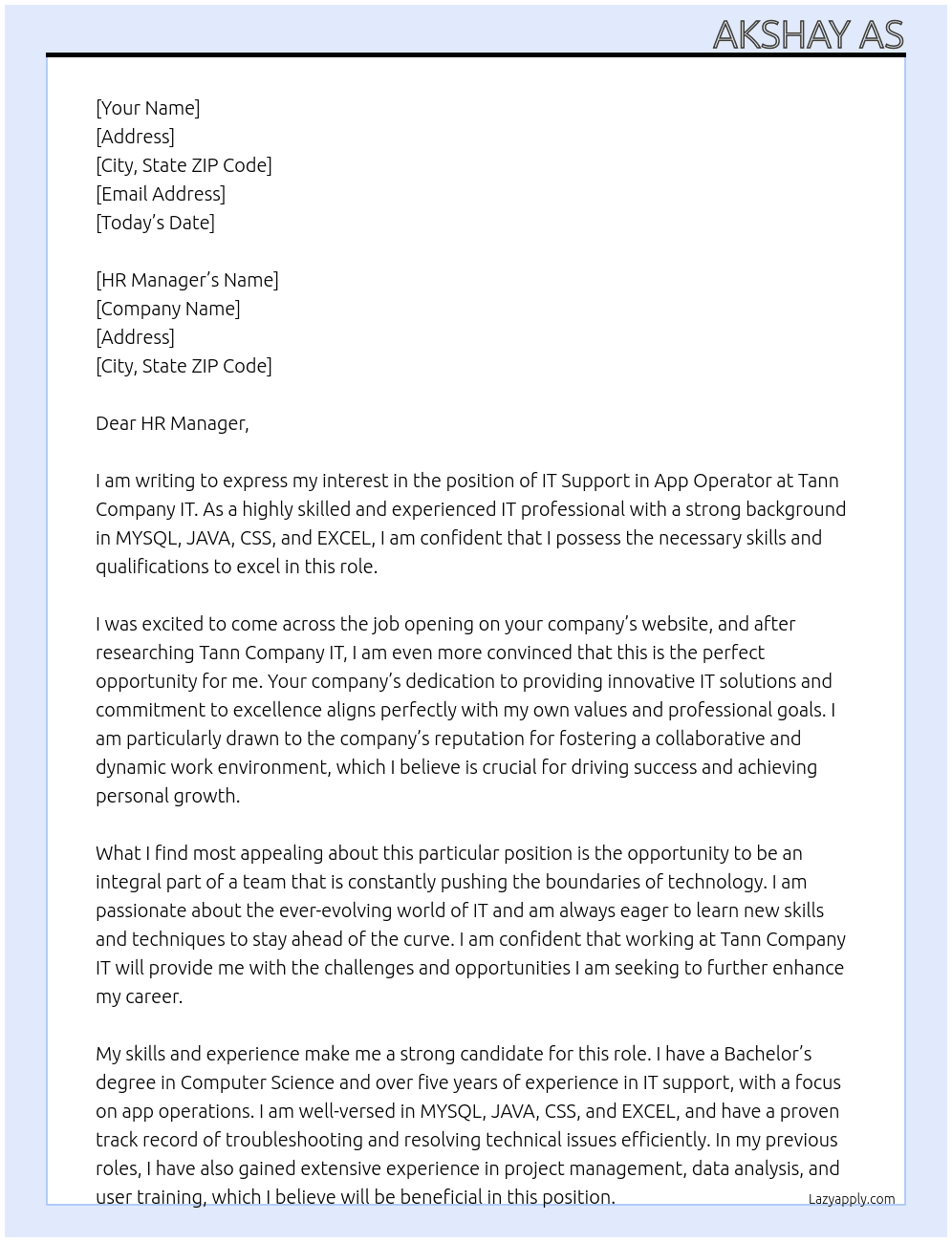 Cover letter for it support in app operator - LazyApply