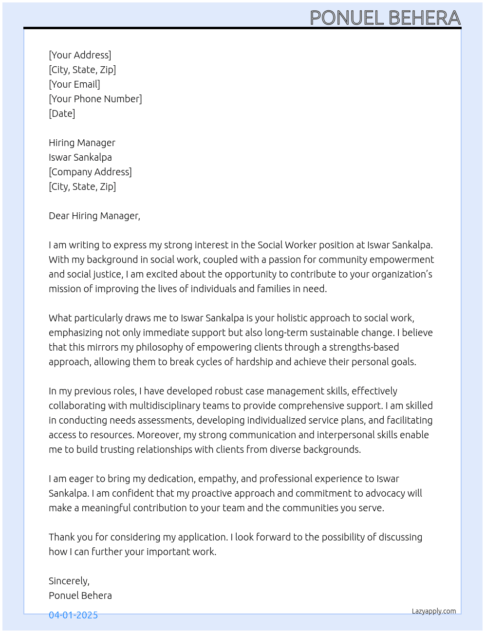 Social worker At Iswar Sankalpa Cover Letter