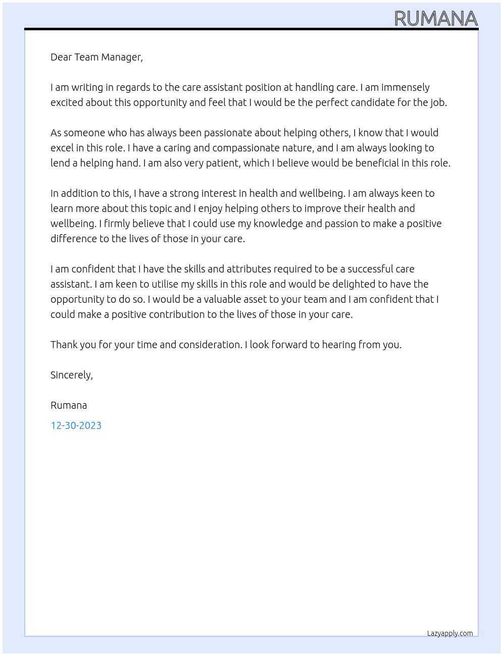 care assistant At handling care Cover Letter