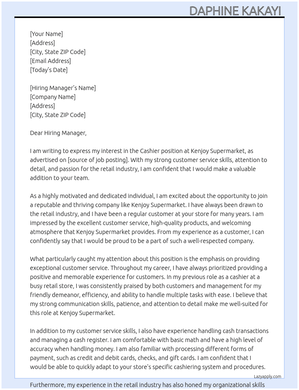 Cashier At Kenjoy Supermarket  Cover Letter