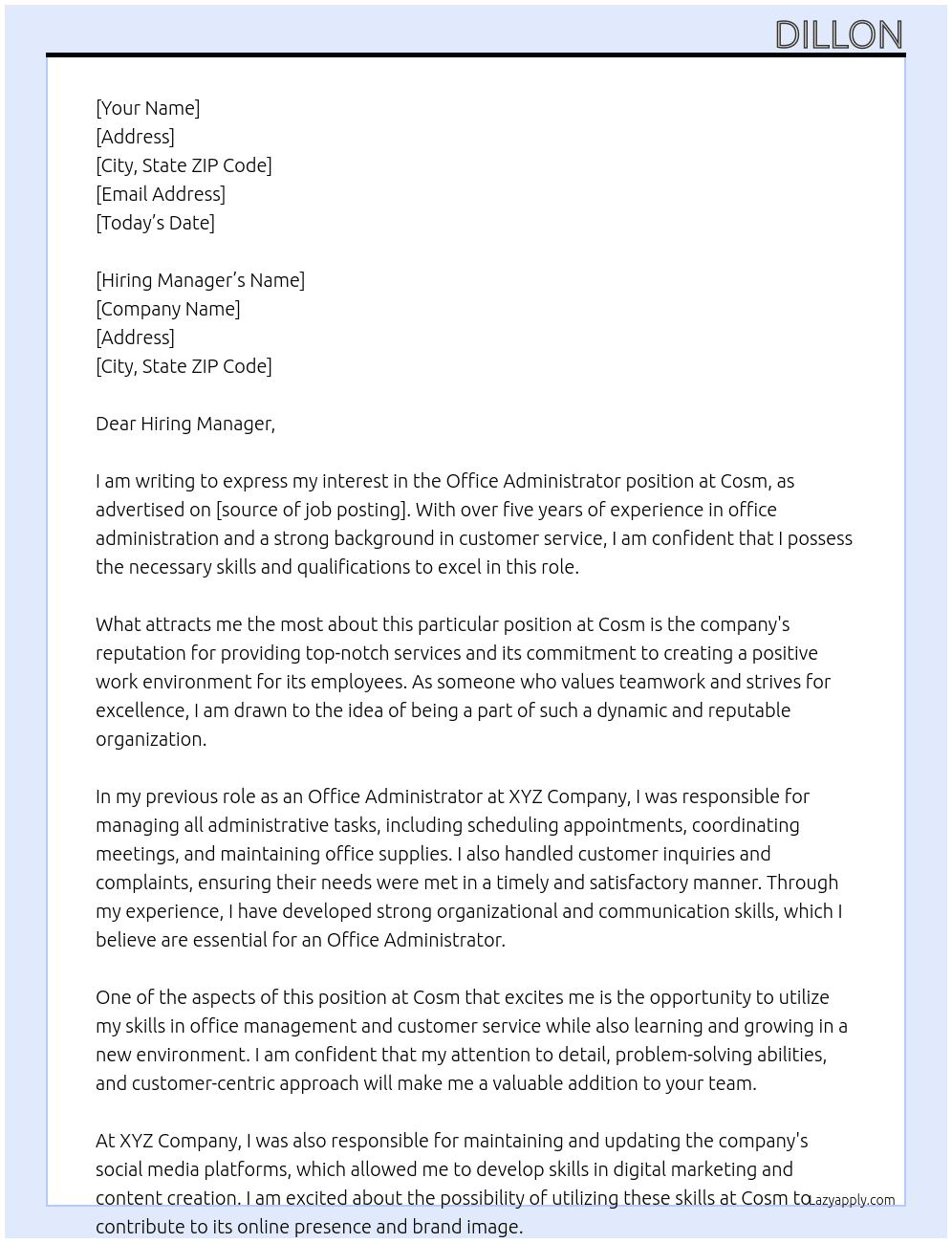 Office Administrator At Cosm Cover Letter