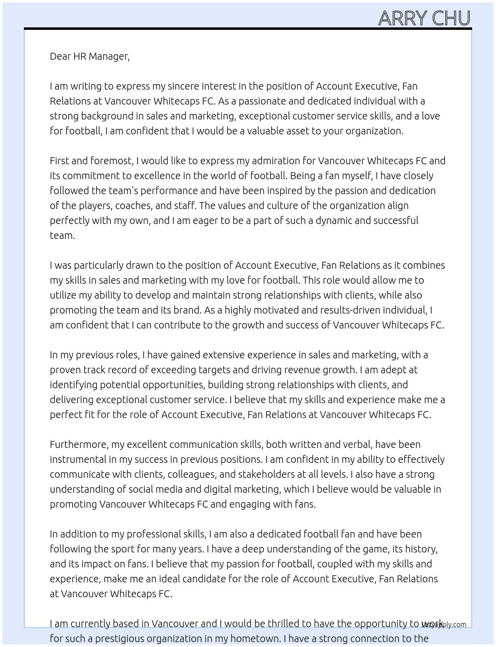 account executive, fan relations At Vancouver Whitecaps FC Cover Letter
