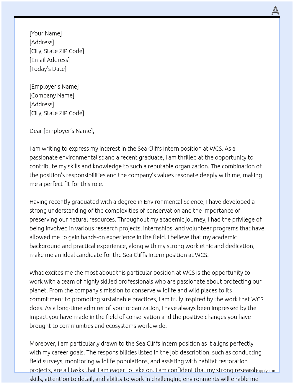 Sea Cliffs Intern At WCS Cover Letter