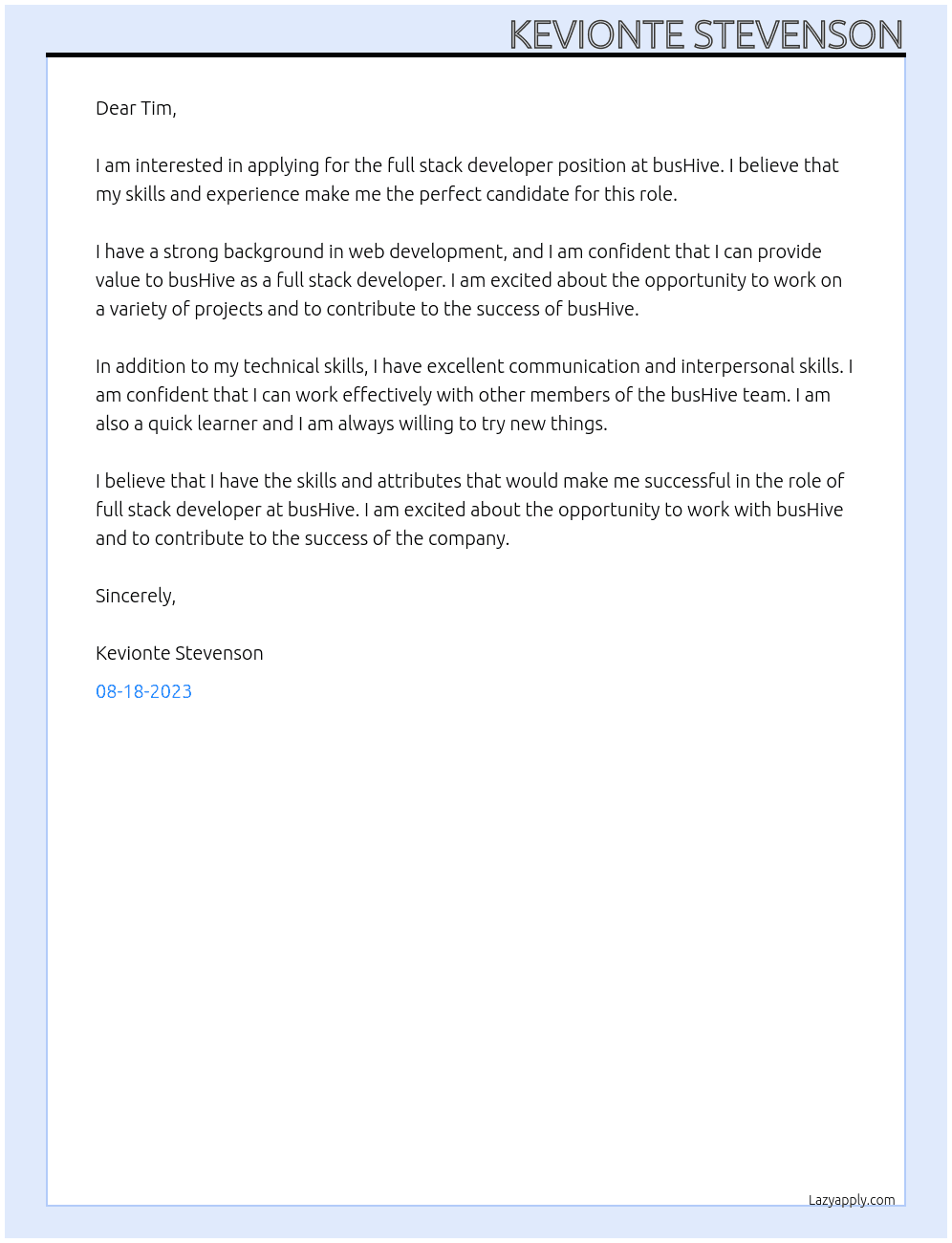 Full stack developer At busHive Cover Letter