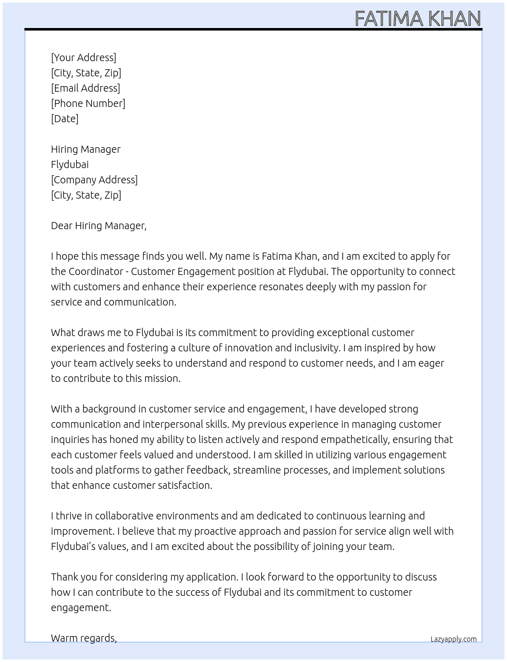 Cover letter for coordinator - customer engagement position - LazyApply