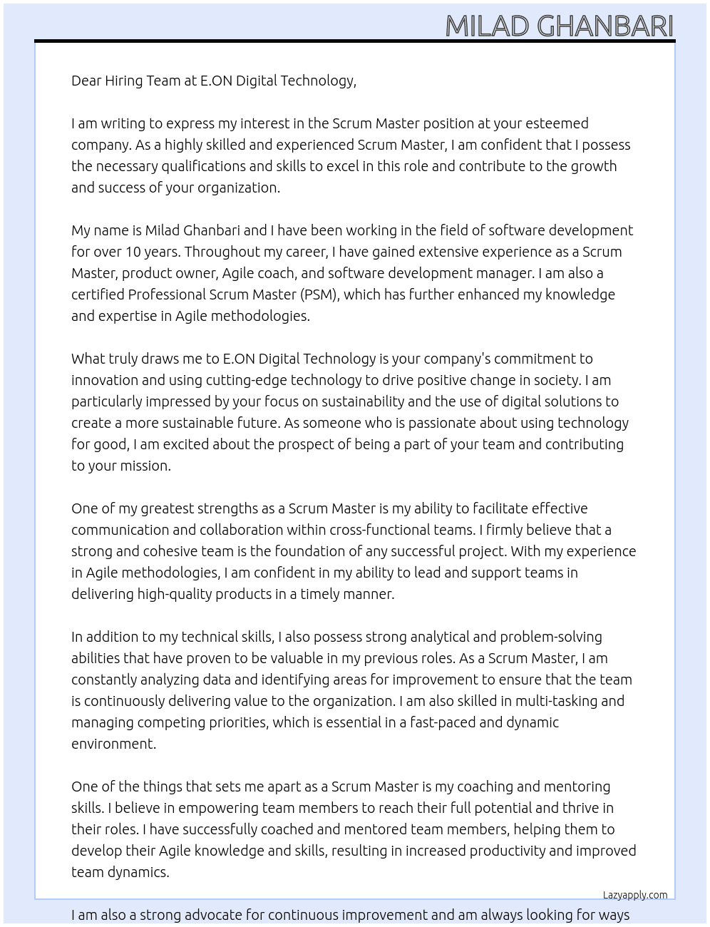 Scrum Master At E.ON Digital Technology Cover Letter